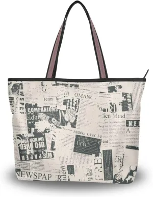 Newspaper Pattern Fashion Shoulder Bags Tote Bags Handbags For Women, L