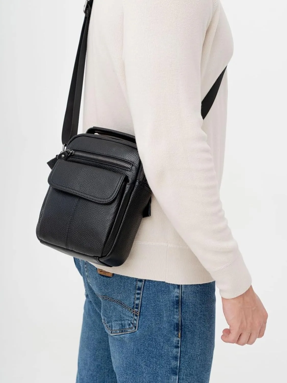 NIUCUNZH Man Purses and Bags Small, Mini Genuine Leather Messenger and Shoulder Bag for Men with lots of Zipper Pockets