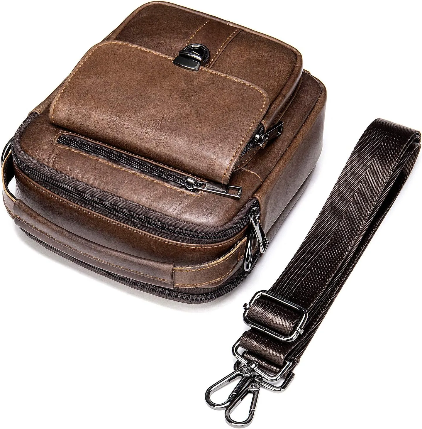 NIUCUNZH Man Purses and Bags Small, Mini Genuine Leather Messenger and Shoulder Bag for Men with lots of Zipper Pockets