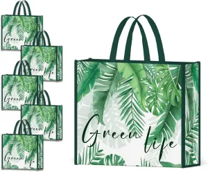 NymphFable 5 Pack Reusable Shopping Bags Tropical Palm Tree Leaves Green Washable Grocery Bags Fabric Tote Bag