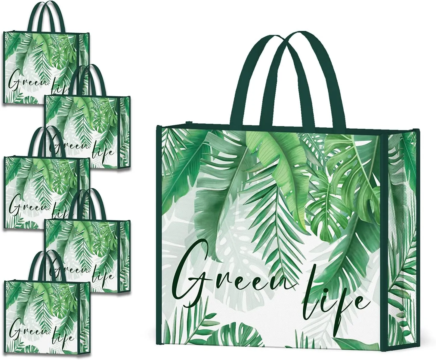NymphFable 5 Pack Reusable Shopping Bags Tropical Palm Tree Leaves Green Washable Grocery Bags Fabric Tote Bag