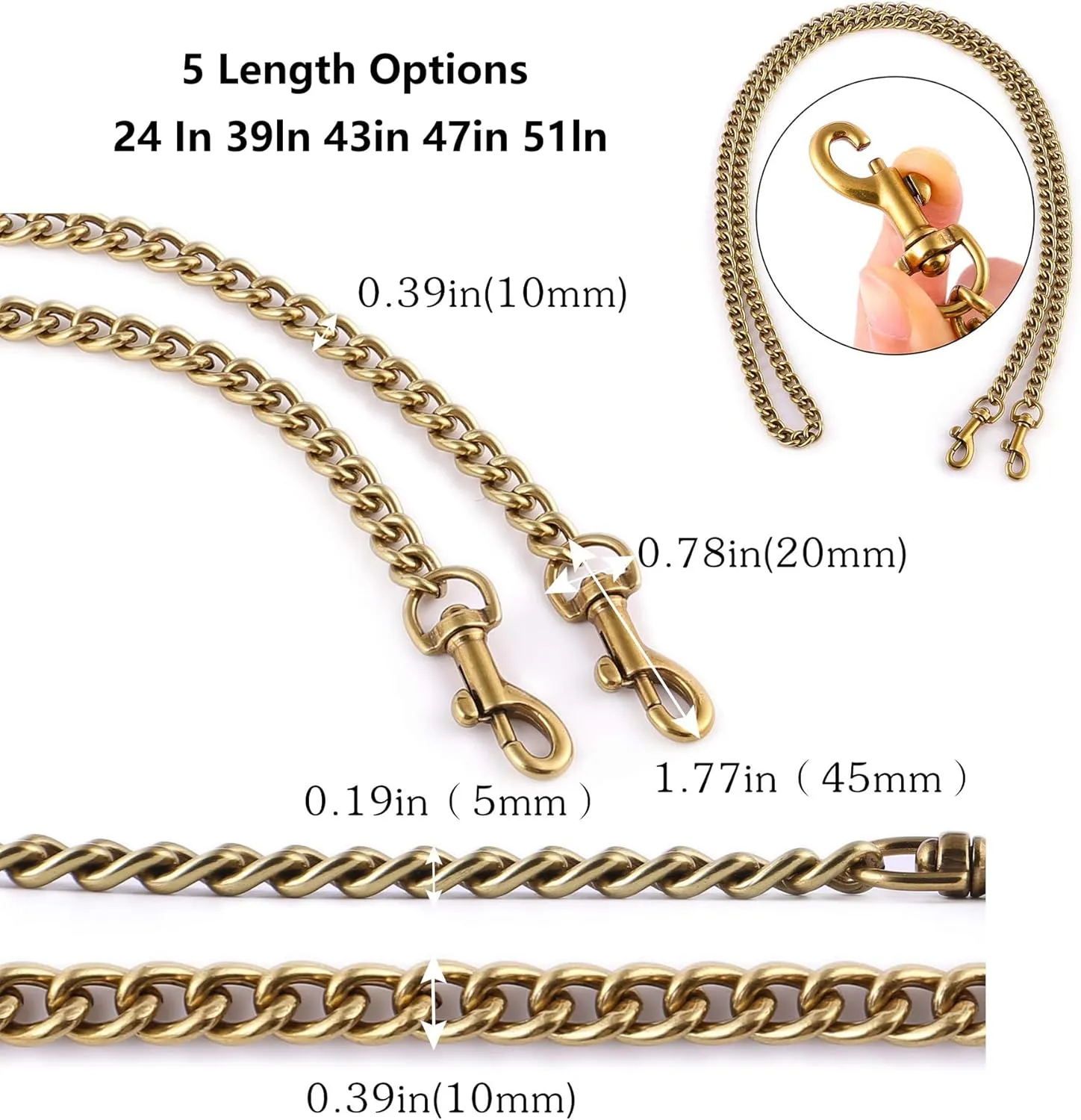 OAikor Iron Flat Chunky Gold Chain Strap for Replacement Purse Shoulder Bag Handbag Straps,Compatible with Nolita 19/Tabby 26/Georgie 27 and More C.oach Bag(Antique Gold,24" 60 cm)