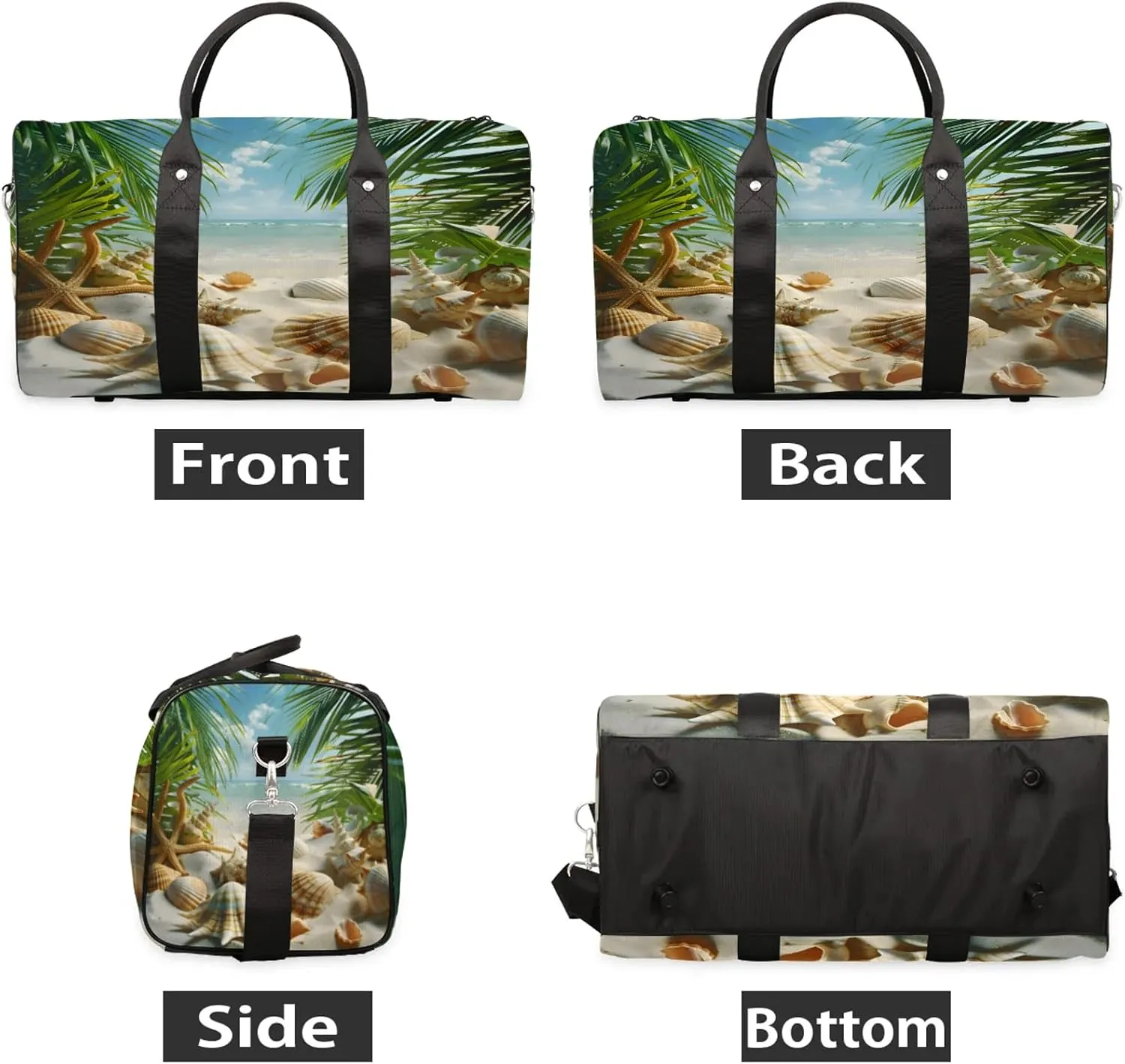 Ocean Beach Seashell Palm Tree Travel Duffle Bag, Sports Gym Bags for Women Men, Carry On Weekender Overnight Workout Airplane Trips Bag