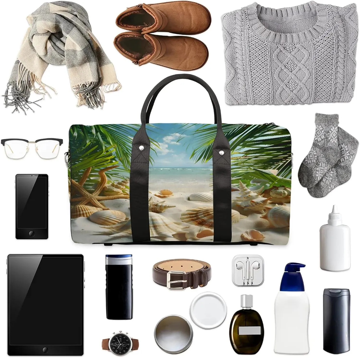 Ocean Beach Seashell Palm Tree Travel Duffle Bag, Sports Gym Bags for Women Men, Carry On Weekender Overnight Workout Airplane Trips Bag