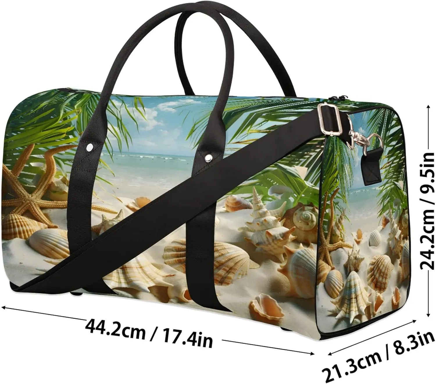 Ocean Beach Seashell Palm Tree Travel Duffle Bag, Sports Gym Bags for Women Men, Carry On Weekender Overnight Workout Airplane Trips Bag