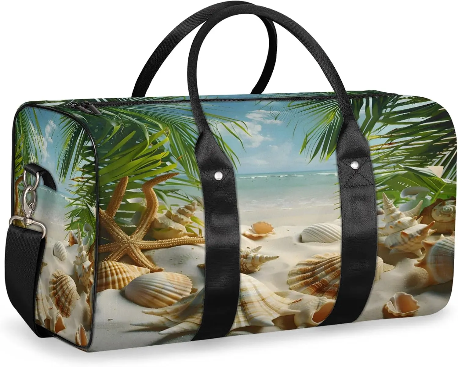 Ocean Beach Seashell Palm Tree Travel Duffle Bag, Sports Gym Bags for Women Men, Carry On Weekender Overnight Workout Airplane Trips Bag