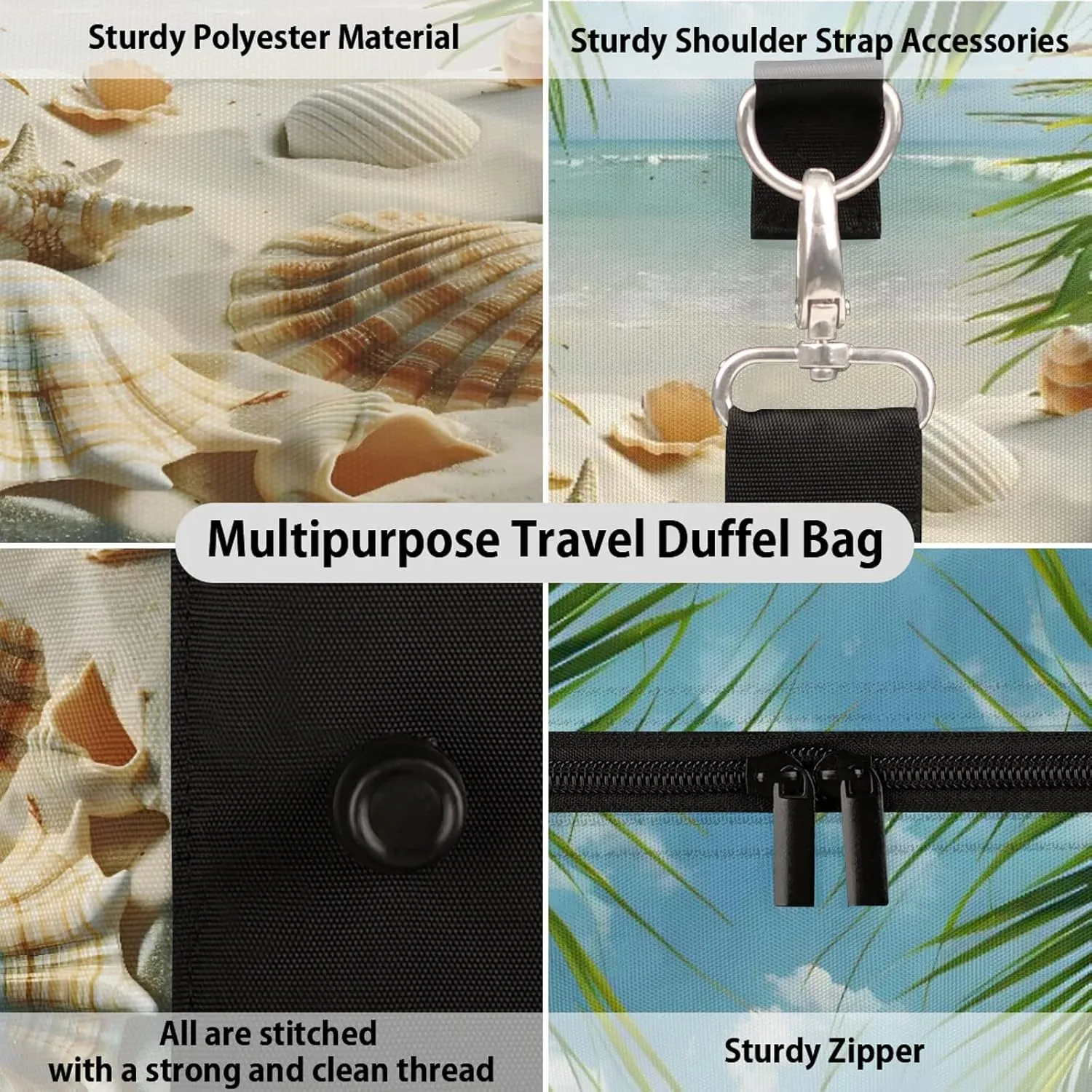 Ocean Beach Seashell Palm Tree Travel Duffle Bag, Sports Gym Bags for Women Men, Carry On Weekender Overnight Workout Airplane Trips Bag