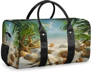 Ocean Beach Seashell Palm Tree Travel Duffle Bag, Sports Gym Bags for Women Men, Carry On Weekender Overnight Workout Airplane Trips Bag