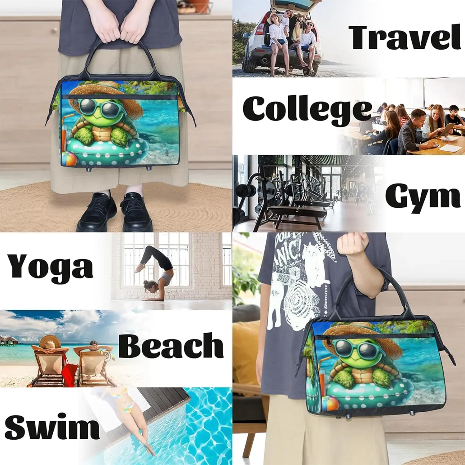 Ocean Palm Tree Turtle Travel Duffel Bag Gym Tote Bag for Women Men Waterproof Weekend Overnight Bag Carry On Tote Luggage with Pocket Personal Item Bags Sports Bag fit Travel Sports Gym Yoga