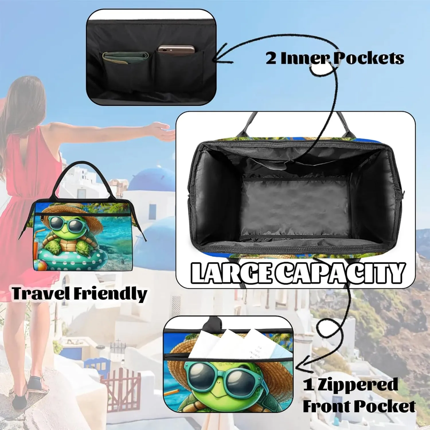 Ocean Palm Tree Turtle Travel Duffel Bag Gym Tote Bag for Women Men Waterproof Weekend Overnight Bag Carry On Tote Luggage with Pocket Personal Item Bags Sports Bag fit Travel Sports Gym Yoga
