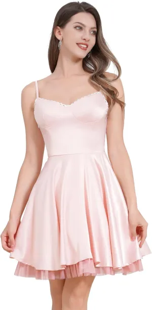 ODIZLI Women's Satin Short Corset Mini Short Dress Sleeveless Sweetheart Neckline Ruffle Party Dress Summer with Pockets