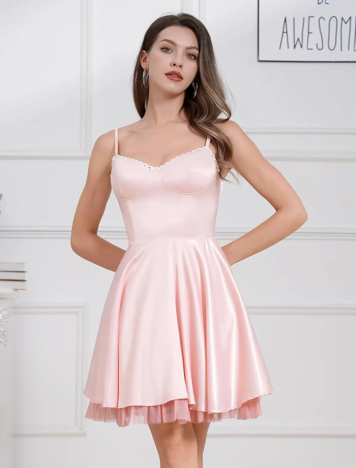 ODIZLI Women's Satin Short Corset Mini Short Dress Sleeveless Sweetheart Neckline Ruffle Party Dress Summer with Pockets