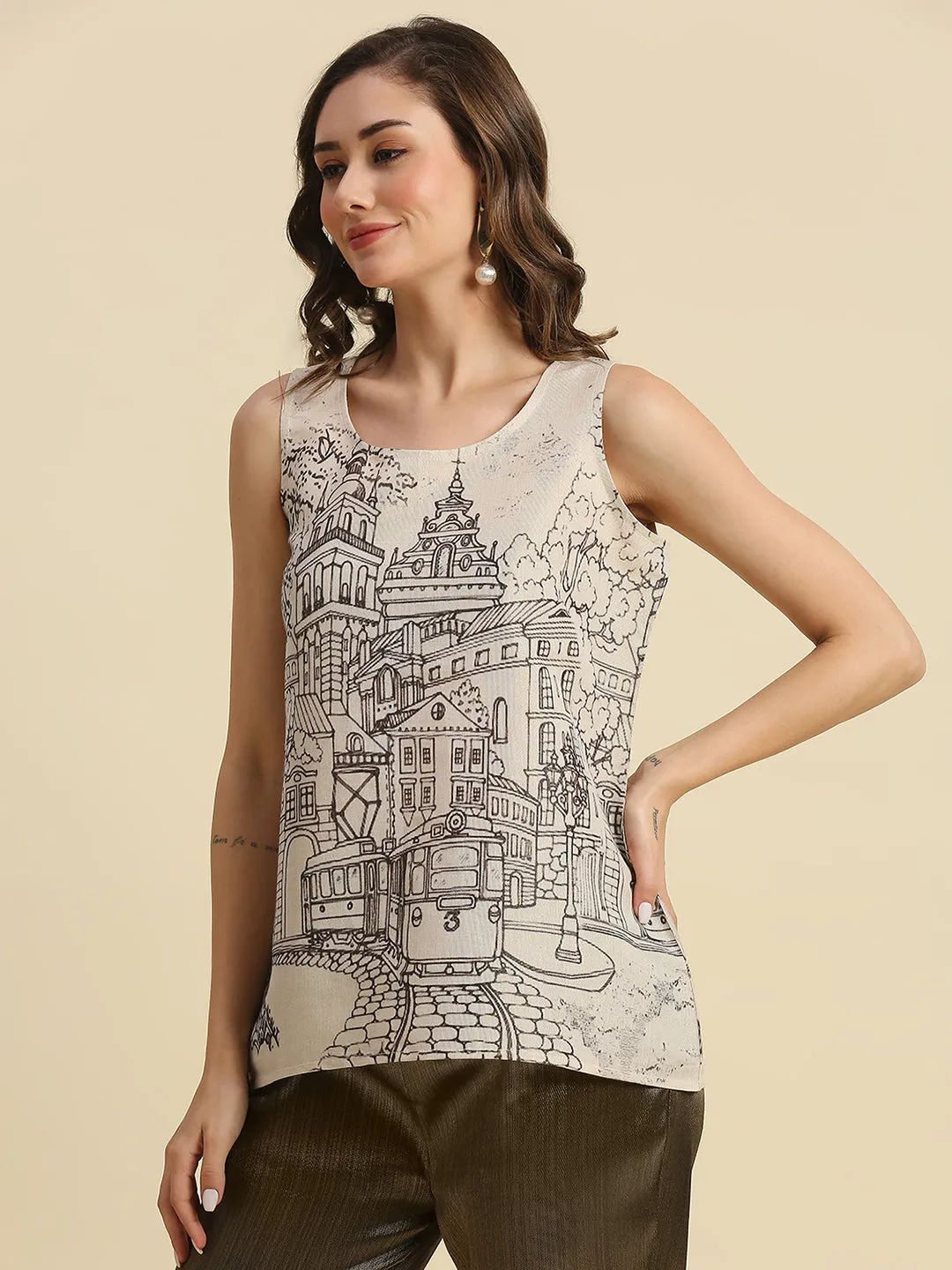 Off White City Printed Brocade Sleeveless Top
