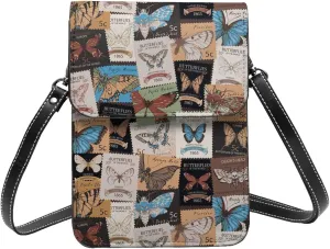 old postage stamps with butterflies retro Crossbody Cell Phone Purse for Women Girls Leather Mini Cross Body Bags Small Shoulder Bags