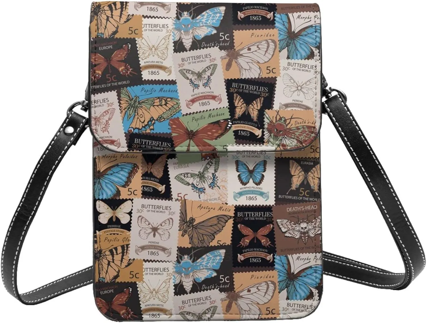 old postage stamps with butterflies retro Crossbody Cell Phone Purse for Women Girls Leather Mini Cross Body Bags Small Shoulder Bags