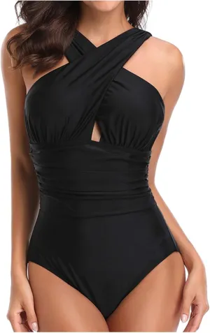 One Piece Swimsuits for Women Color Block Print Athletic Training Swimwear Bathing Suits Swim Dress Tummy Control Swimsuits