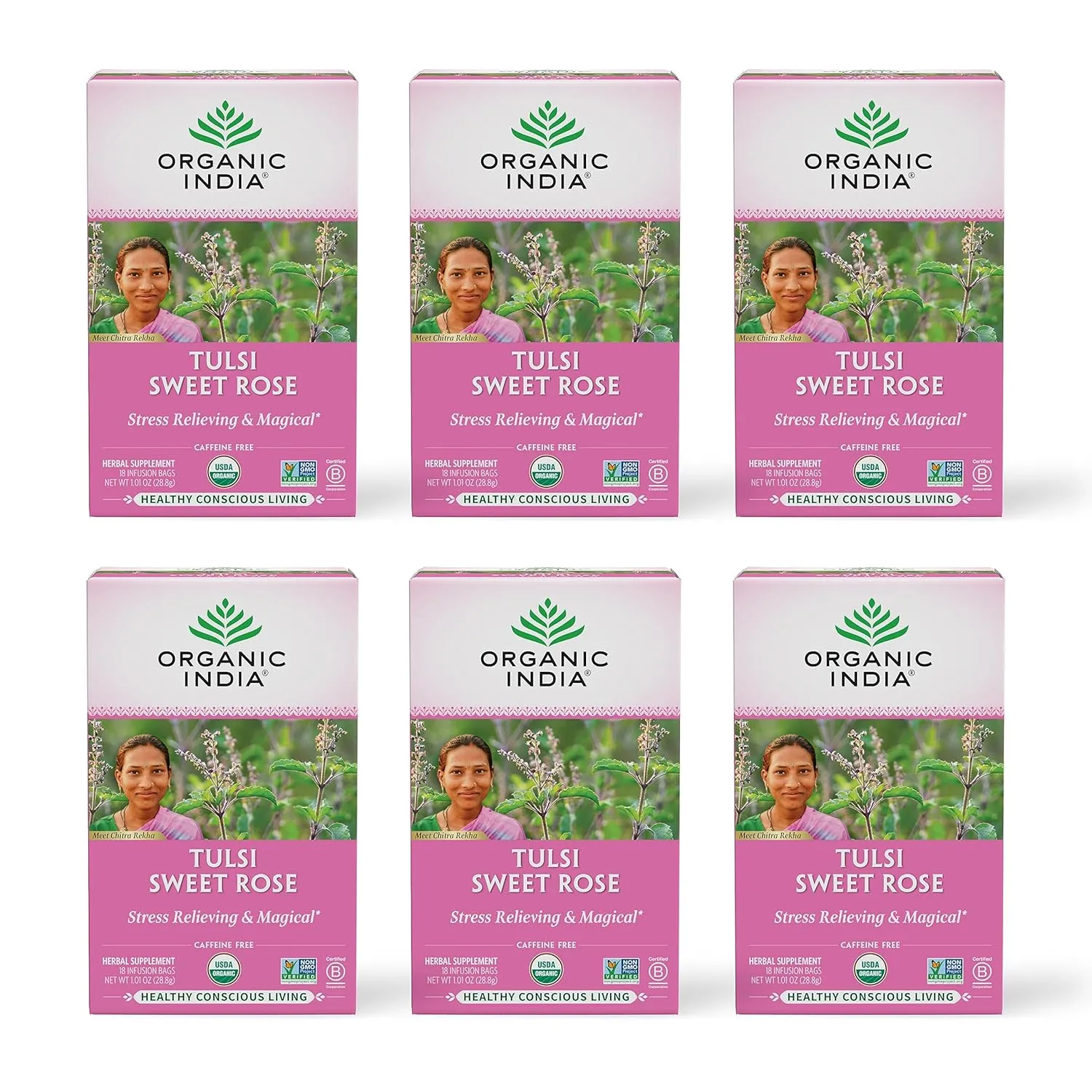 Organic India Tulsi Sweet Rose Herbal Tea - Holy Basil Leaf, African Basil, Chamomilie, Lemon Myrtle, Stress Relieving, Immune Support, USDA Certified Organic, Caffeine-Free - 18 Infusion Bags, 6 Pack