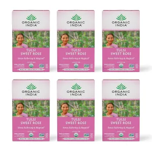 Organic India Tulsi Sweet Rose Herbal Tea - Holy Basil Leaf, African Basil, Chamomilie, Lemon Myrtle, Stress Relieving, Immune Support, USDA Certified Organic, Caffeine-Free - 18 Infusion Bags, 6 Pack