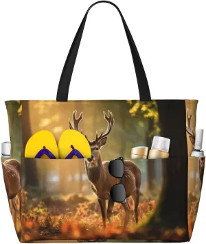 Outdoor Wildlife Deer Antlerprint Large Capacity Beach Travel Bag,With Zipper And Pockets For Travel Vacation Gym