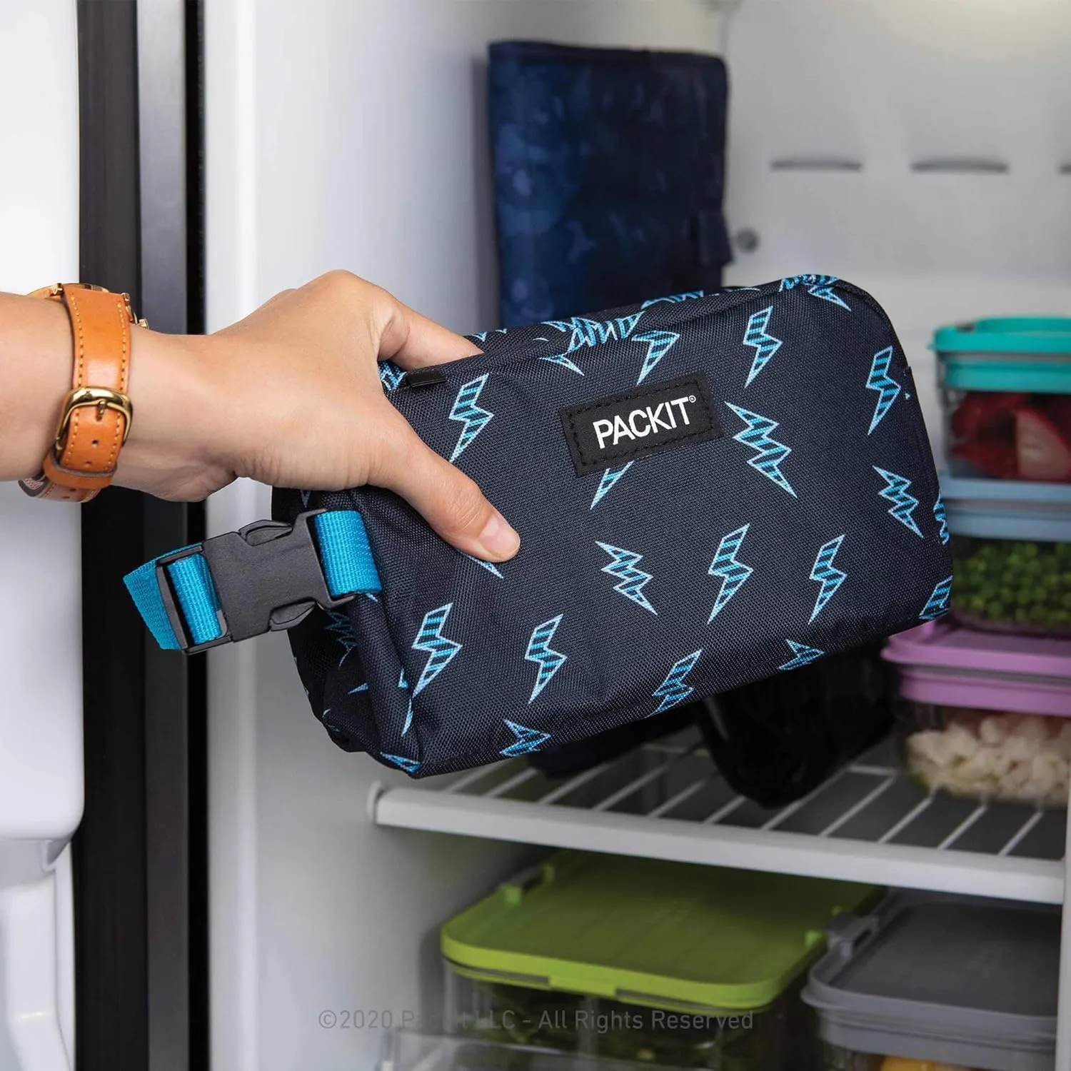 PackIt Freezable Snack Box, Striped Bolts, Built with EcoFreeze Technology, Collapsible, Reusable, Zip Closure with Buckle Handle, Great for All Ages and Fresh Snacks on the go