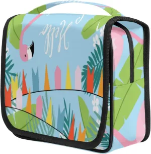 Palm Tree Flamingo Travel Toiletry Bag for Women Portable Waterproof Travel Makeup Bag with Hanging Hook Makeup Cosmetic Organizer for Travel Business Trip Camping Bathroom