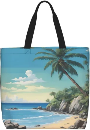 Palm Tree Rocky Shore Print Tote Bag,Multi-functional Reusable,Lightweight Crossbody,Work,Travel,Everyday Use