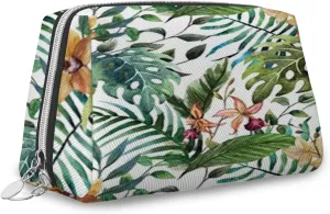 Palm Tree,Makeup Bags for Women,Palm Tree Leaves Flowers Hibiscus,Leather Cosmetic Bag Toiletry Bag Travel Case Waterproof Makeup Pouch,Green Multicolor,M
