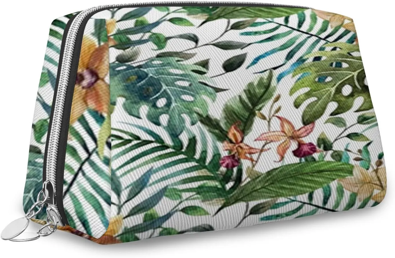 Palm Tree,Makeup Bags for Women,Palm Tree Leaves Flowers Hibiscus,Leather Cosmetic Bag Toiletry Bag Travel Case Waterproof Makeup Pouch,Green Multicolor,M