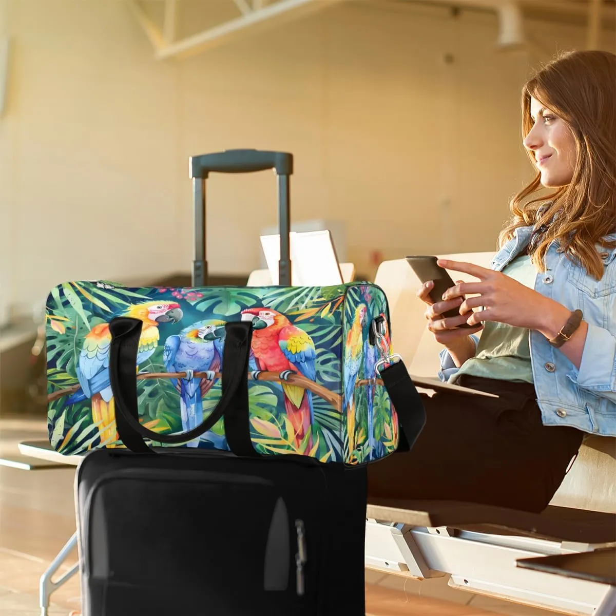Parrot Tropical Palm Leaves Travel Duffle Bag, Sports Gym Bags for Women Men, Carry On Weekender Overnight Workout Airplane Trips Bag