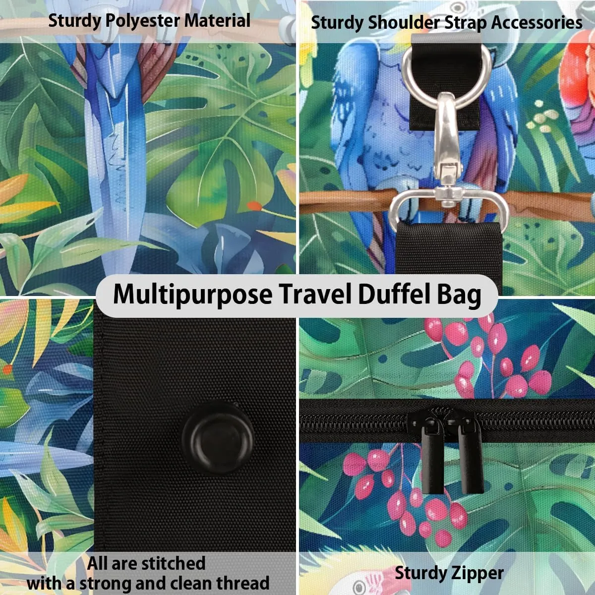 Parrot Tropical Palm Leaves Travel Duffle Bag, Sports Gym Bags for Women Men, Carry On Weekender Overnight Workout Airplane Trips Bag