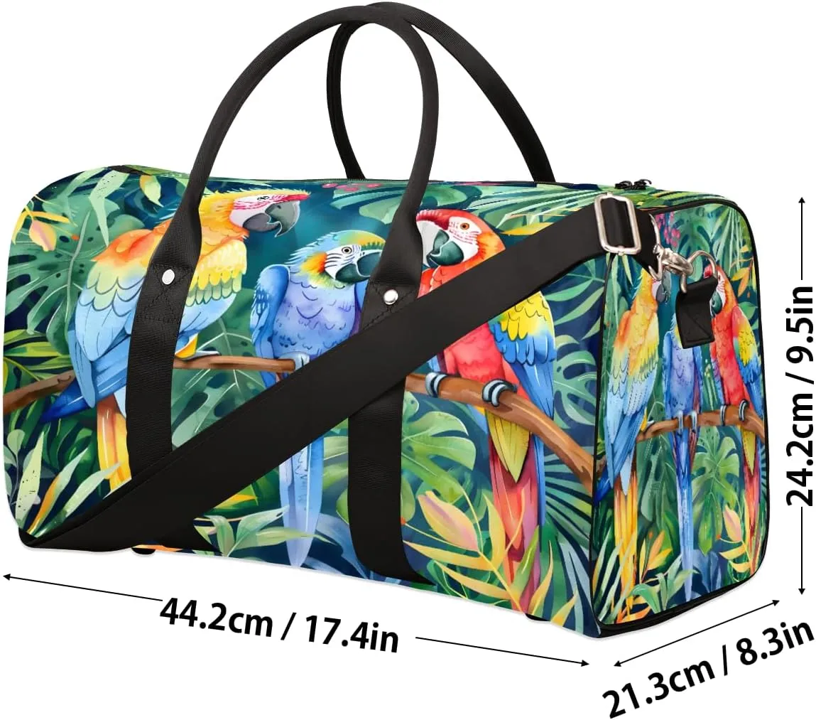Parrot Tropical Palm Leaves Travel Duffle Bag, Sports Gym Bags for Women Men, Carry On Weekender Overnight Workout Airplane Trips Bag