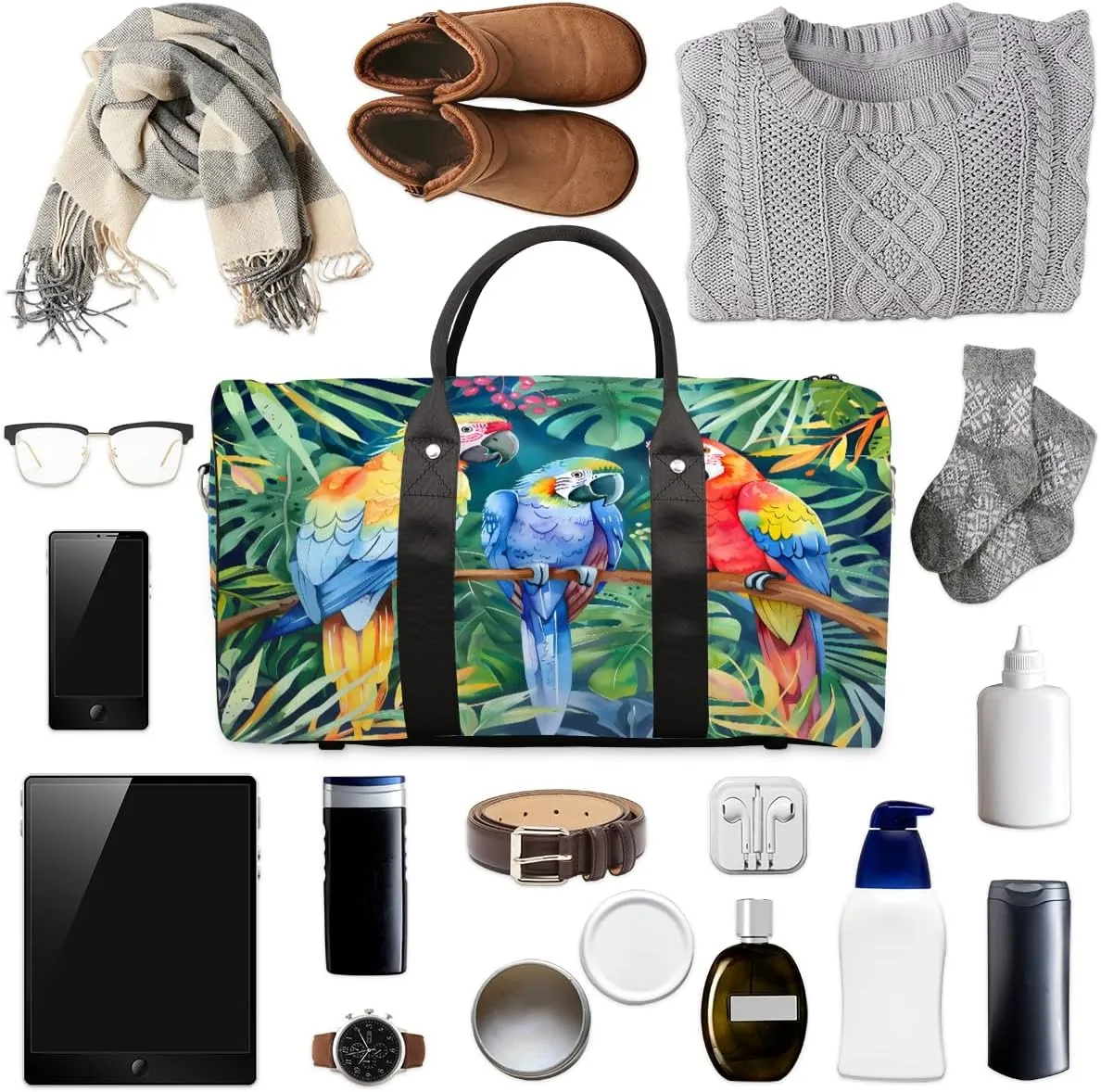 Parrot Tropical Palm Leaves Travel Duffle Bag, Sports Gym Bags for Women Men, Carry On Weekender Overnight Workout Airplane Trips Bag