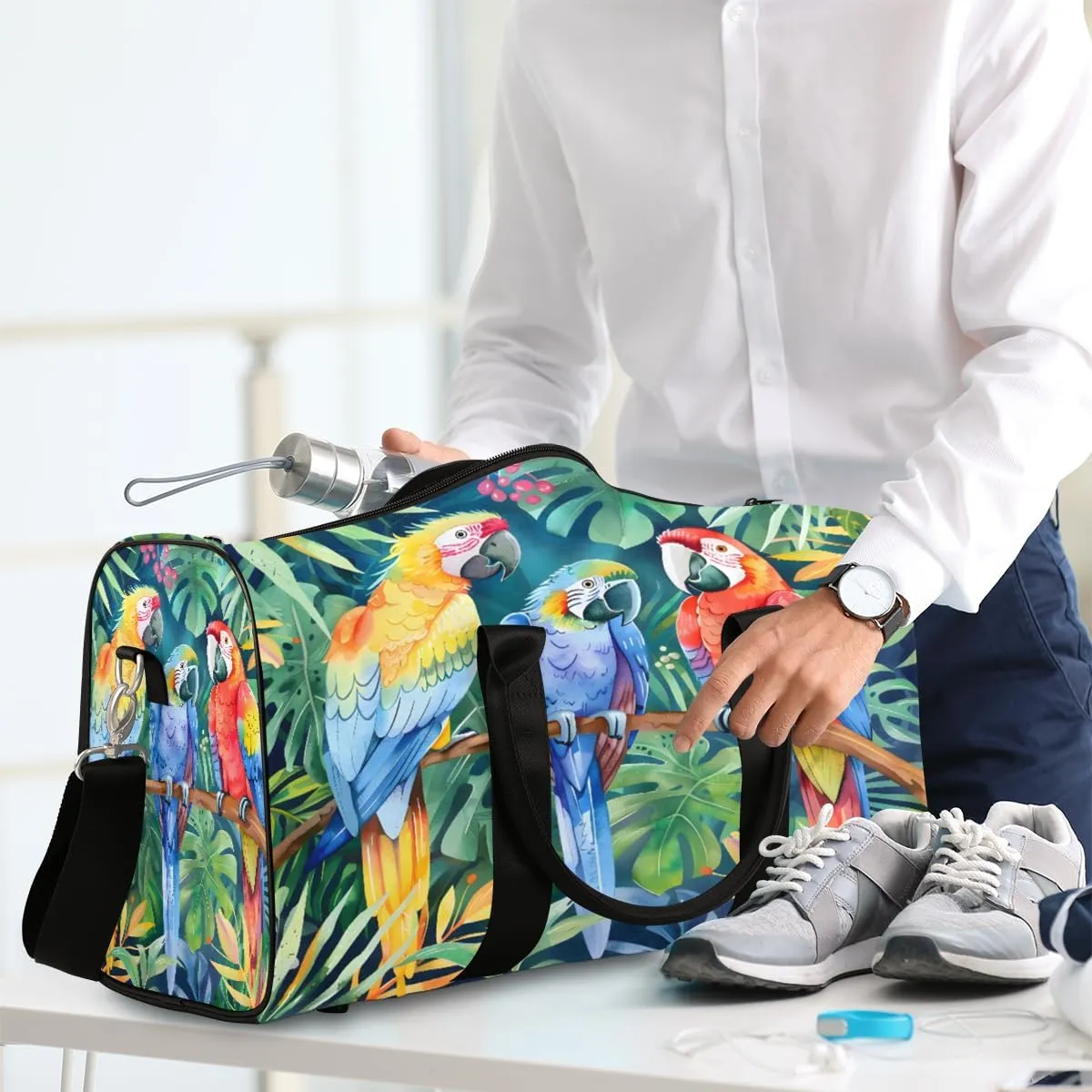 Parrot Tropical Palm Leaves Travel Duffle Bag, Sports Gym Bags for Women Men, Carry On Weekender Overnight Workout Airplane Trips Bag