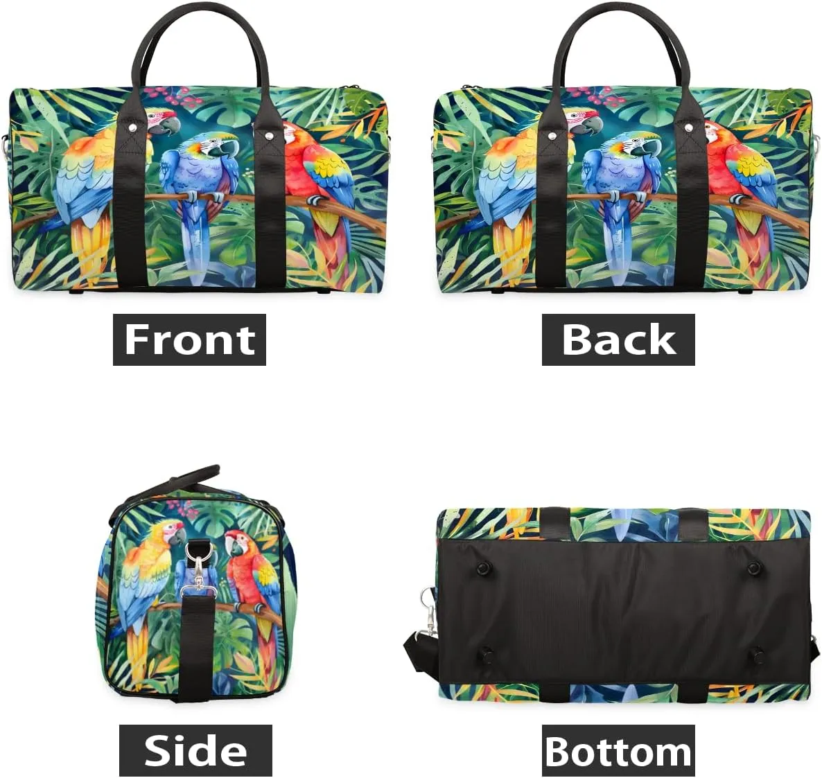 Parrot Tropical Palm Leaves Travel Duffle Bag, Sports Gym Bags for Women Men, Carry On Weekender Overnight Workout Airplane Trips Bag
