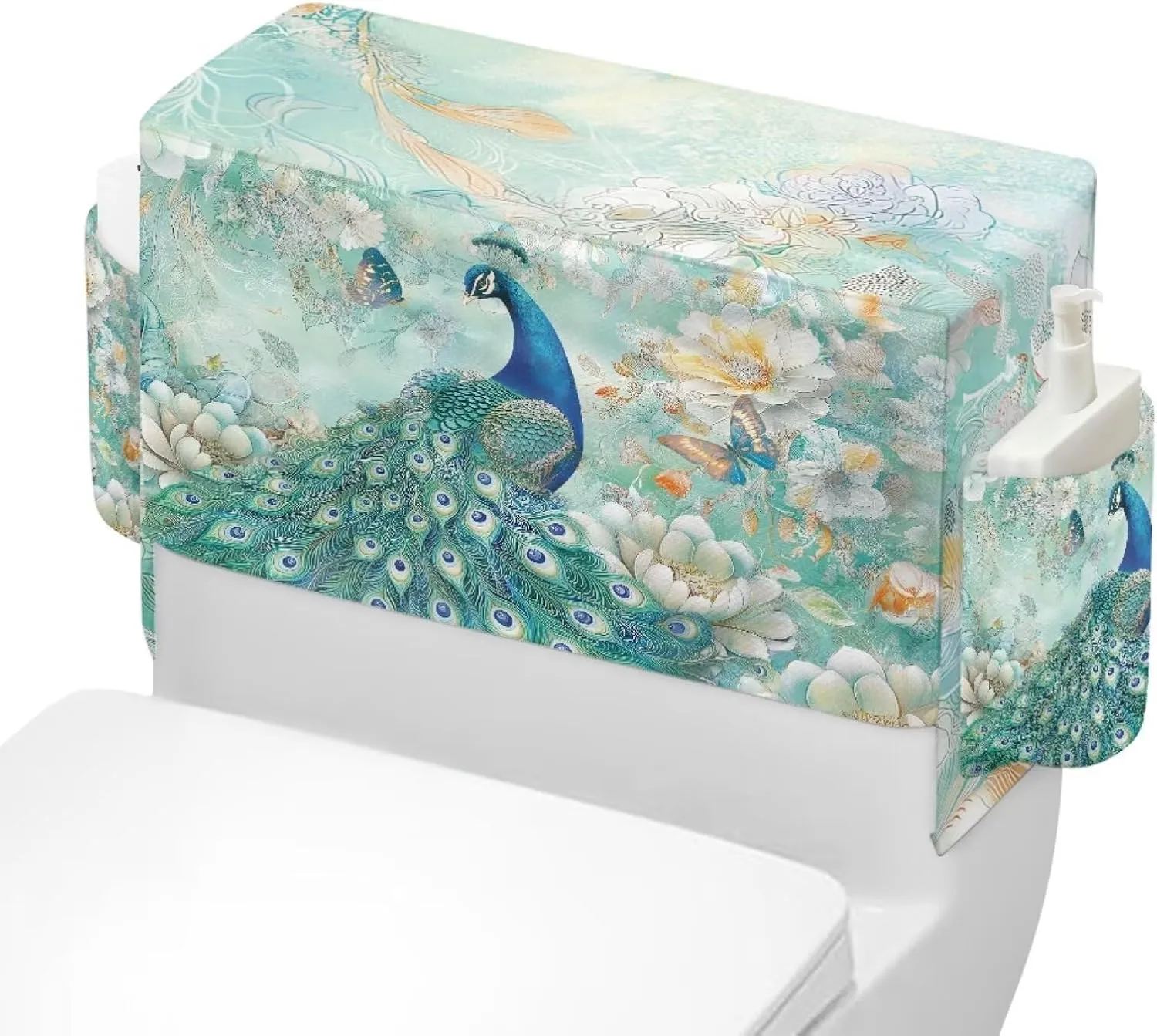 Peacock Print Toilet Tank Cover with 2 Storage Bags, Machine Washable Toilet Tank Protector Covers, Elastic Fabric Cover for A Lid Toilet Tank