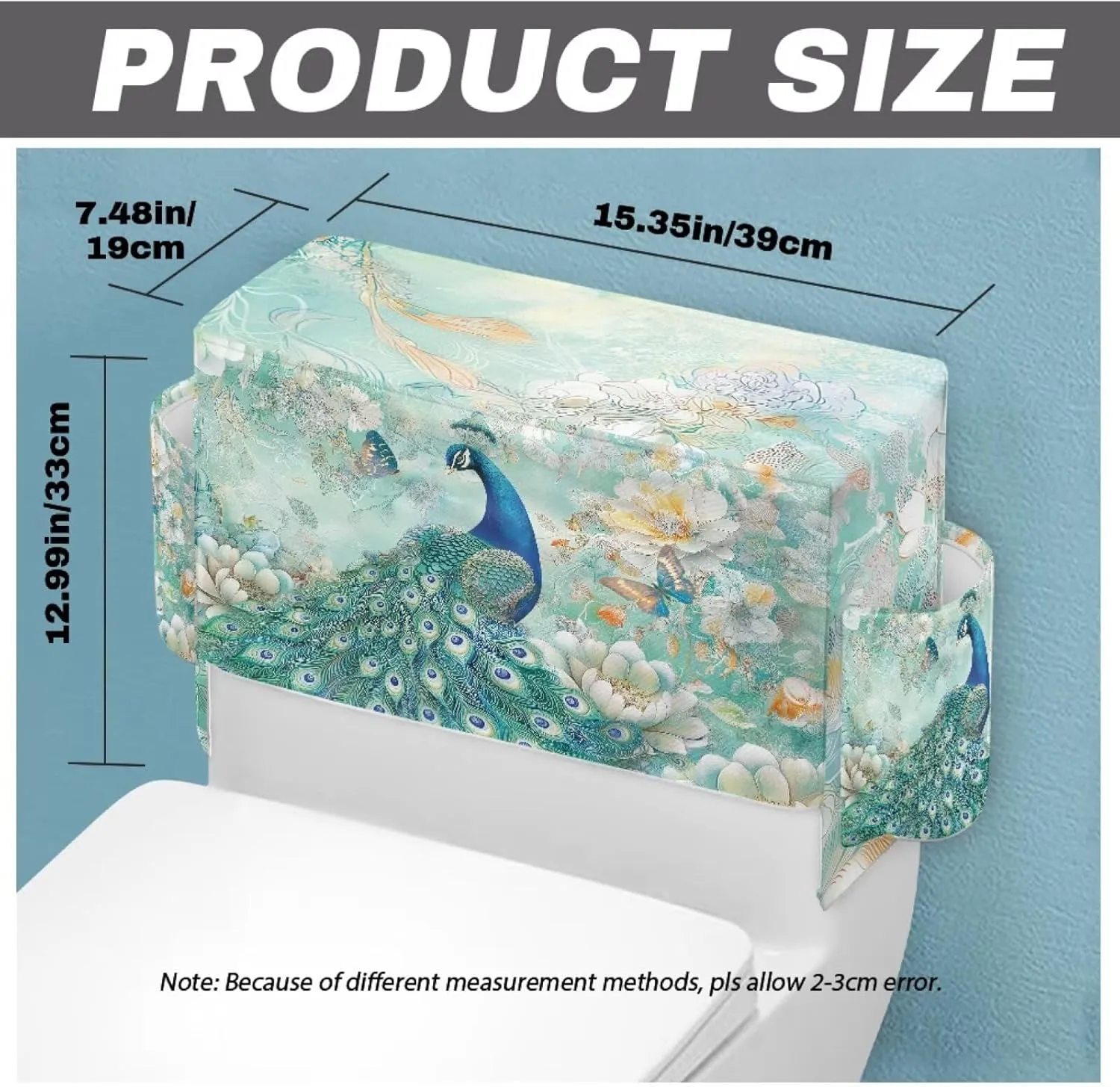 Peacock Print Toilet Tank Cover with 2 Storage Bags, Machine Washable Toilet Tank Protector Covers, Elastic Fabric Cover for A Lid Toilet Tank