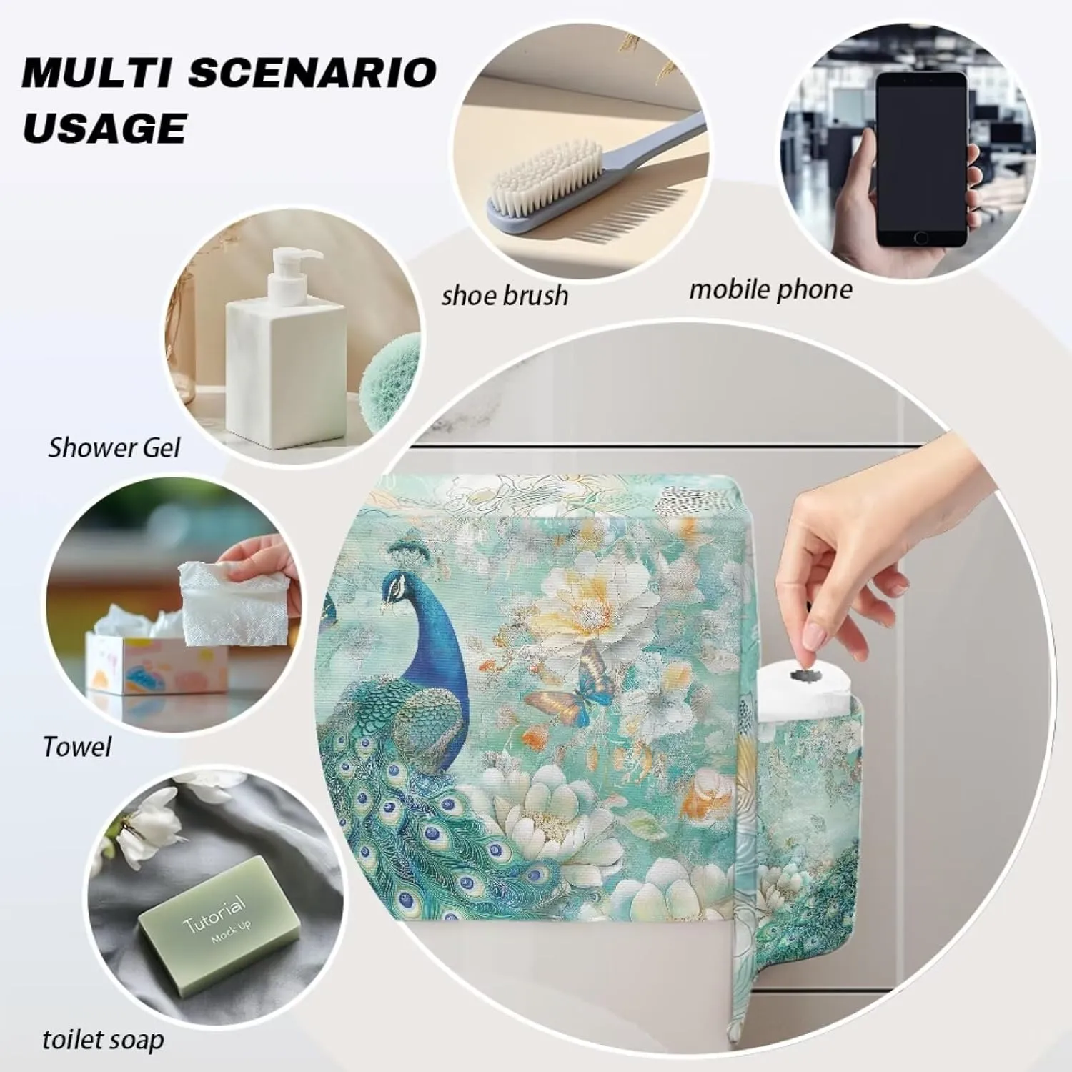 Peacock Print Toilet Tank Cover with 2 Storage Bags, Machine Washable Toilet Tank Protector Covers, Elastic Fabric Cover for A Lid Toilet Tank