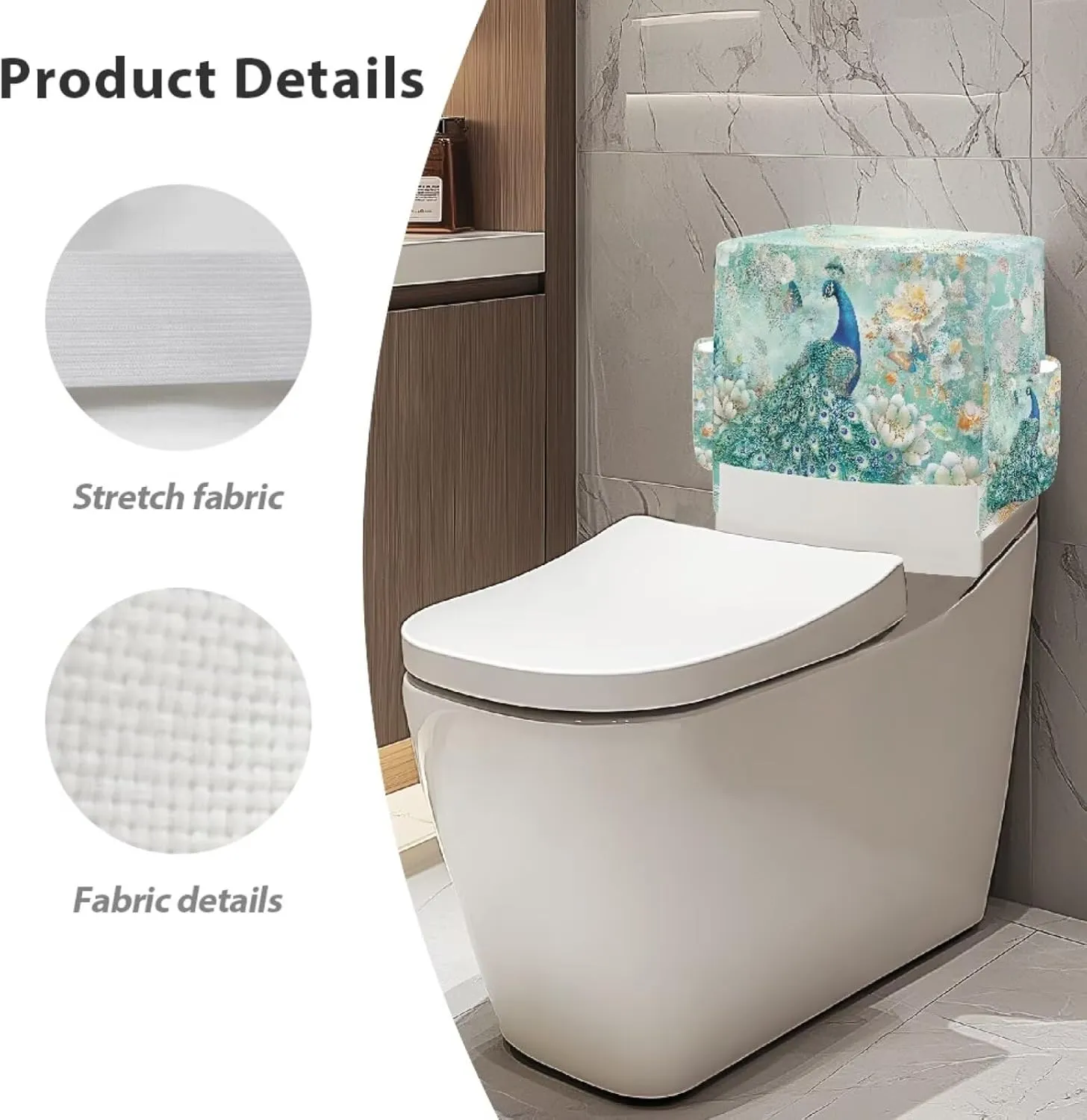 Peacock Print Toilet Tank Cover with 2 Storage Bags, Machine Washable Toilet Tank Protector Covers, Elastic Fabric Cover for A Lid Toilet Tank