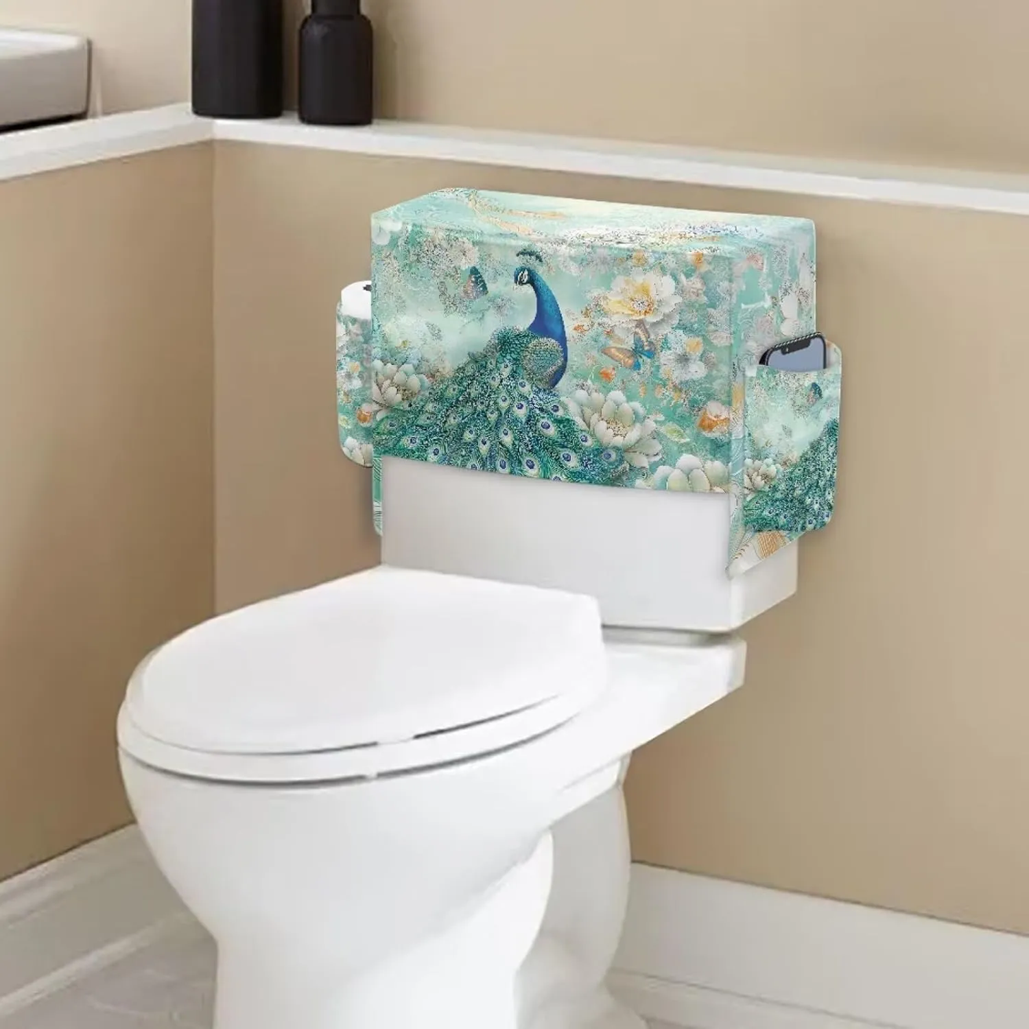 Peacock Print Toilet Tank Cover with 2 Storage Bags, Machine Washable Toilet Tank Protector Covers, Elastic Fabric Cover for A Lid Toilet Tank