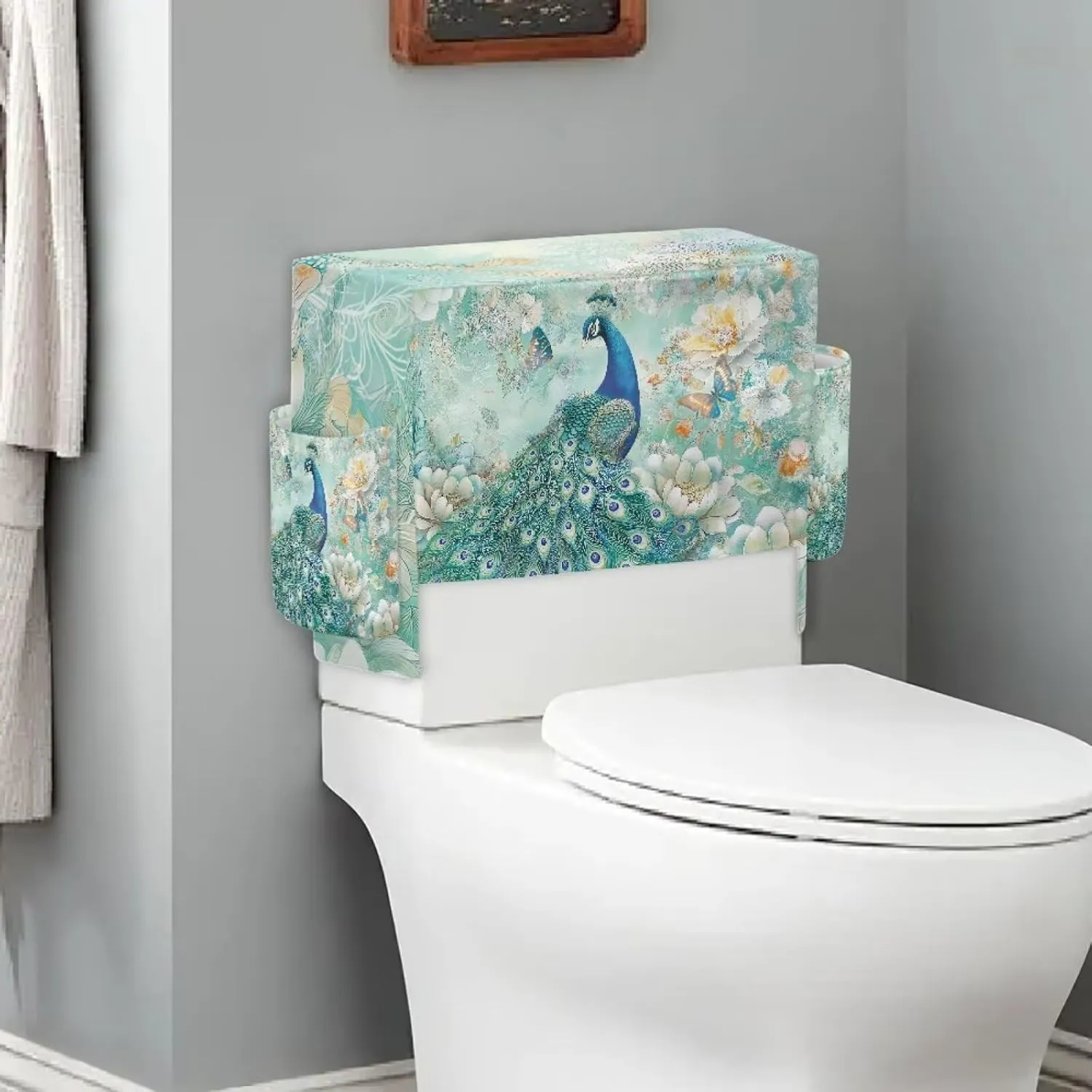 Peacock Print Toilet Tank Cover with 2 Storage Bags, Machine Washable Toilet Tank Protector Covers, Elastic Fabric Cover for A Lid Toilet Tank