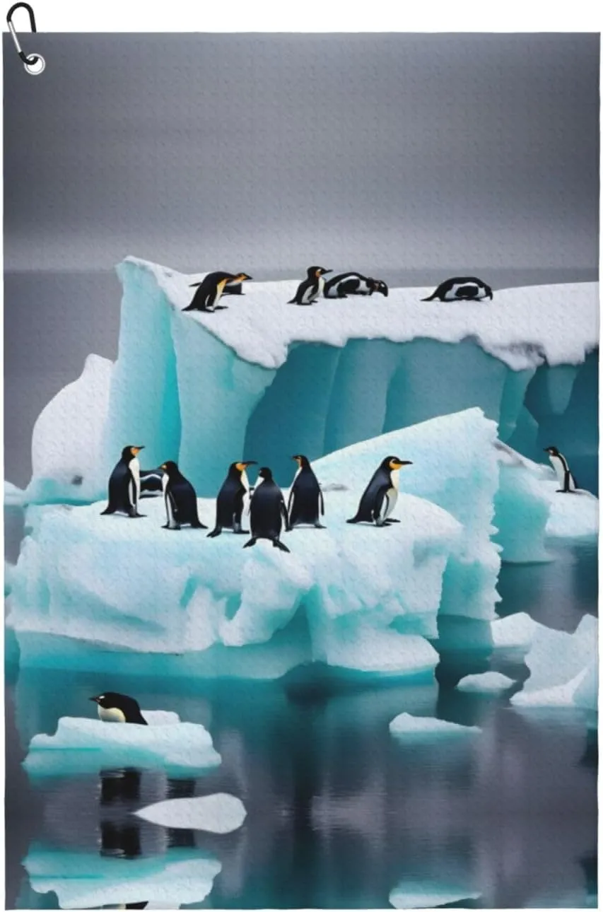 Penguins On The Iceberg Print Golf Towel, Waffle Pattern Towels,Ultra-Absorbent Golf Bag Towel with Carabiner Clip