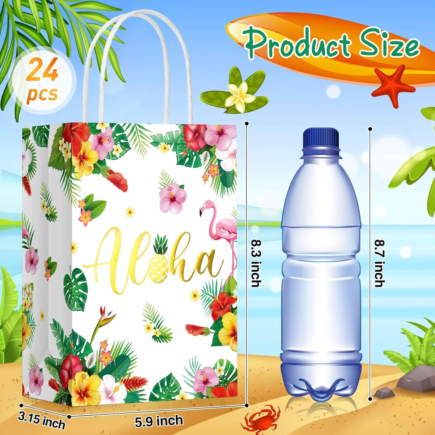 PerKoop 24 Pcs Hawaiian Gift Bags Aloha Luau Summer Themed Treat Goodie Paper Bag with Handles Tiki Tropical Favor for Baby Shower Party Supplies