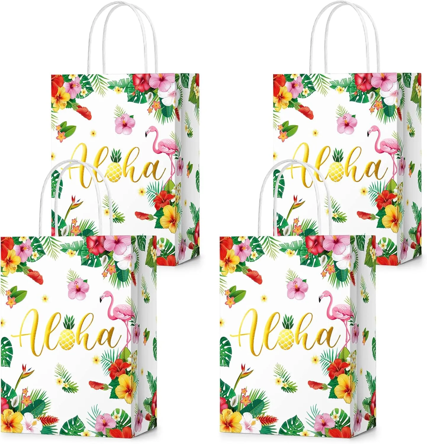 PerKoop 24 Pcs Hawaiian Gift Bags Aloha Luau Summer Themed Treat Goodie Paper Bag with Handles Tiki Tropical Favor for Baby Shower Party Supplies