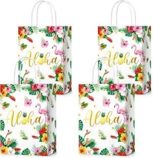 PerKoop 24 Pcs Hawaiian Gift Bags Aloha Luau Summer Themed Treat Goodie Paper Bag with Handles Tiki Tropical Favor for Baby Shower Party Supplies