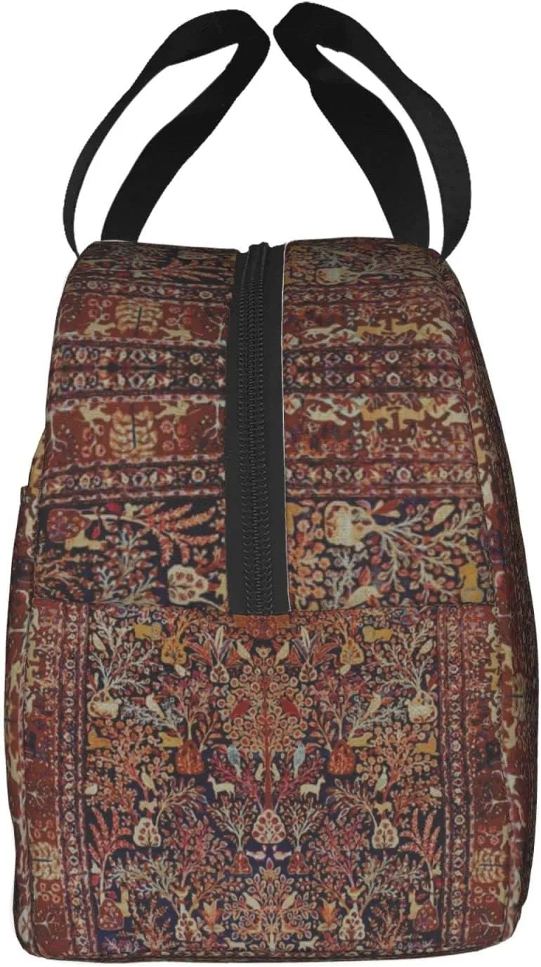Persian Vintage Antique Carpet Nature Fine Art Reusable Insulated Lunch Bag, 8.5"x8"x5"/22x20x13 cm, Unisex, Polyester