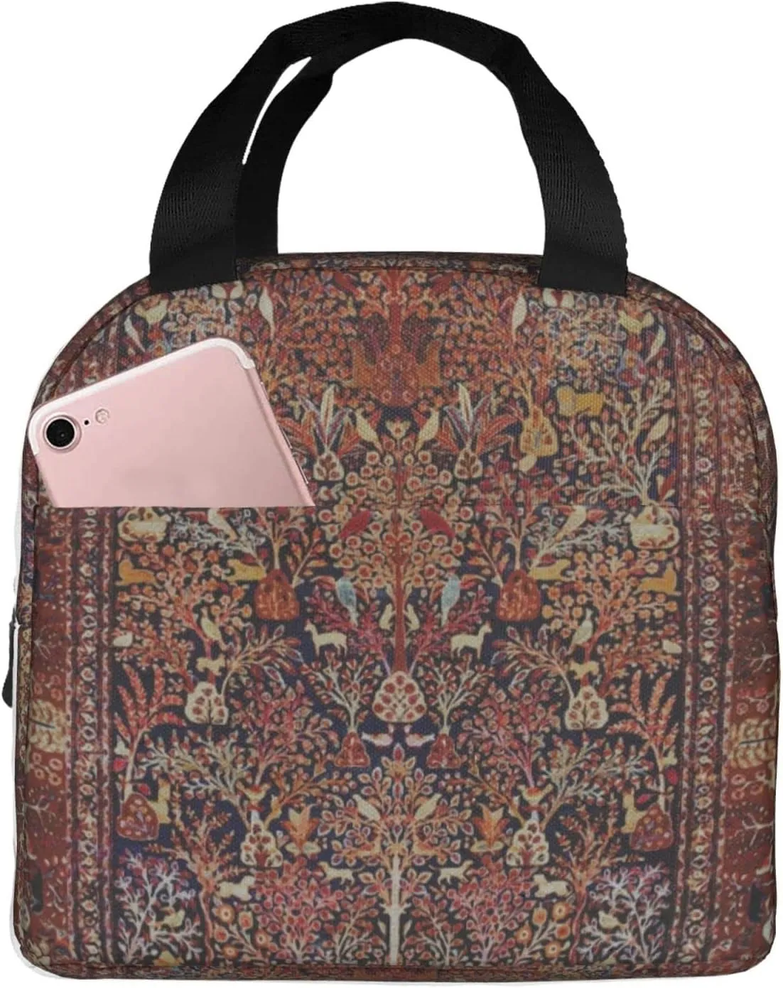 Persian Vintage Antique Carpet Nature Fine Art Reusable Insulated Lunch Bag, 8.5"x8"x5"/22x20x13 cm, Unisex, Polyester