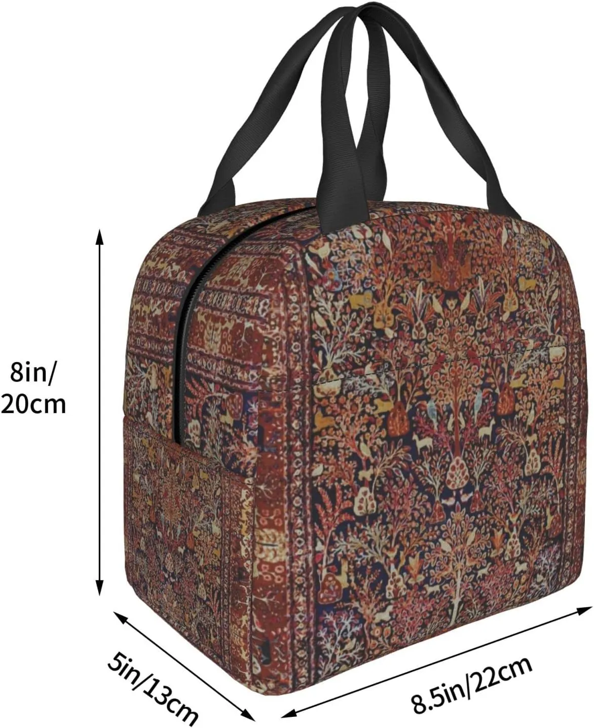 Persian Vintage Antique Carpet Nature Fine Art Reusable Insulated Lunch Bag, 8.5"x8"x5"/22x20x13 cm, Unisex, Polyester