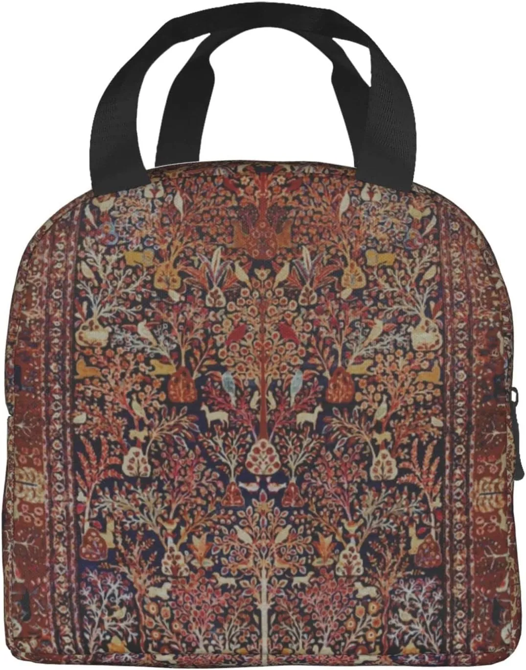 Persian Vintage Antique Carpet Nature Fine Art Reusable Insulated Lunch Bag, 8.5"x8"x5"/22x20x13 cm, Unisex, Polyester