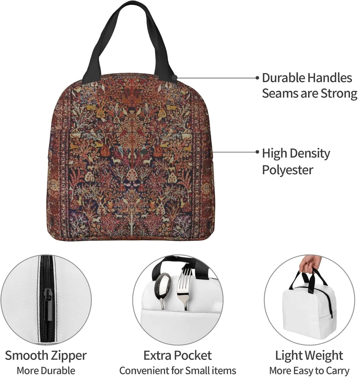 Persian Vintage Antique Carpet Nature Fine Art Reusable Insulated Lunch Bag, 8.5"x8"x5"/22x20x13 cm, Unisex, Polyester