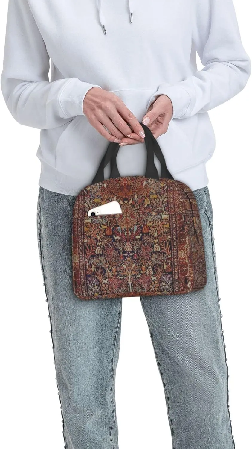 Persian Vintage Antique Carpet Nature Fine Art Reusable Insulated Lunch Bag, 8.5"x8"x5"/22x20x13 cm, Unisex, Polyester